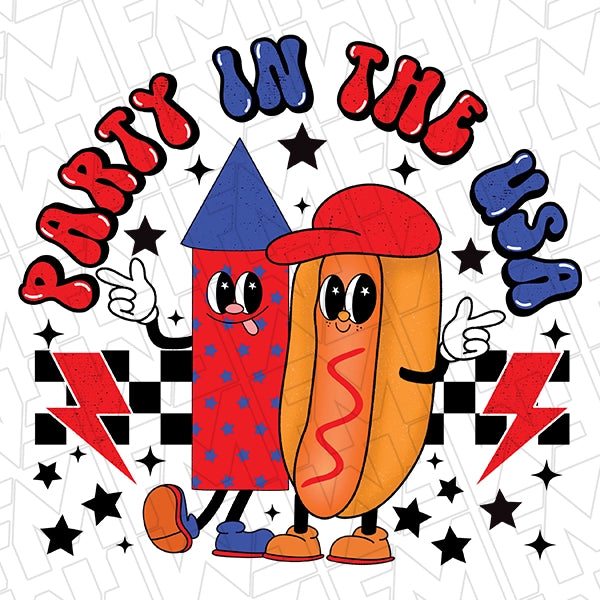 Retro Cartoon Hotdogs Party in the USA Patriotic DTF Transfer applied to a shirt