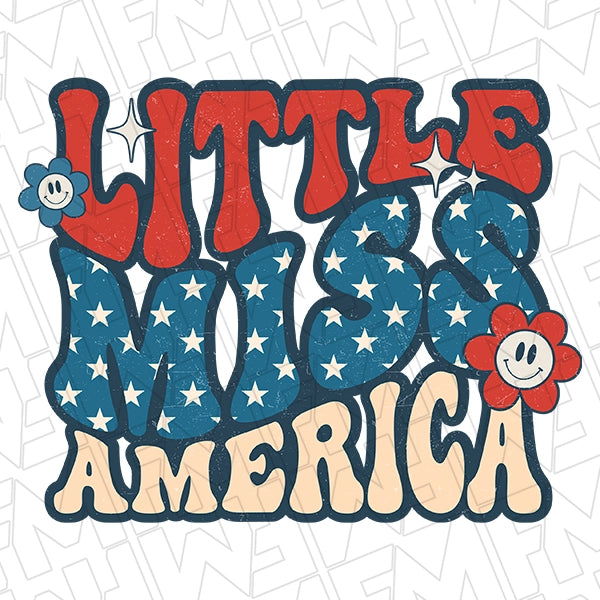 Retro Little Miss America Kids Patriotic DTF Transfer applied to a shirt