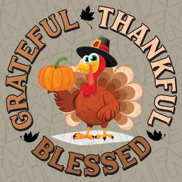 Grateful Thankful Blessed Turkey with pumpkin DTF Transfer applied to a shirt