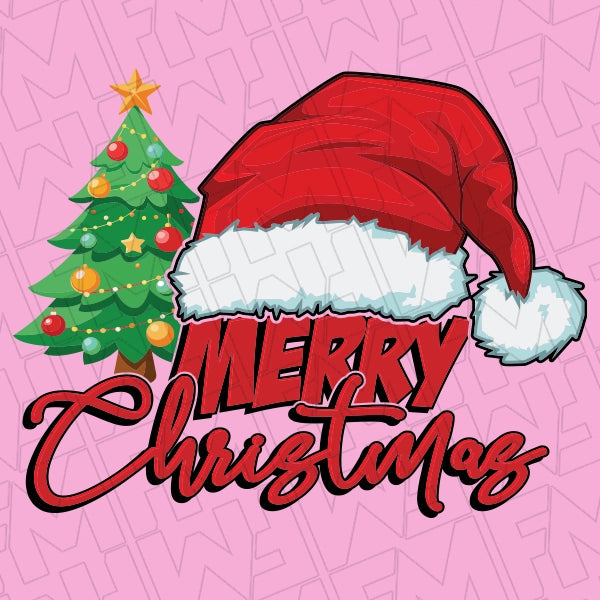 Merry Christmas Tree Santa Hat Christmas applied to a shirt