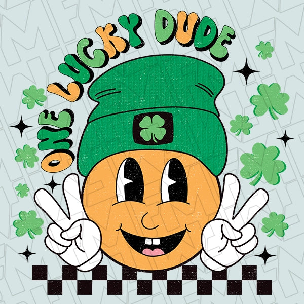 One Lucky Dude Checker Peace Sign Smiley Face Kids St Patricks Day applied to a shirt