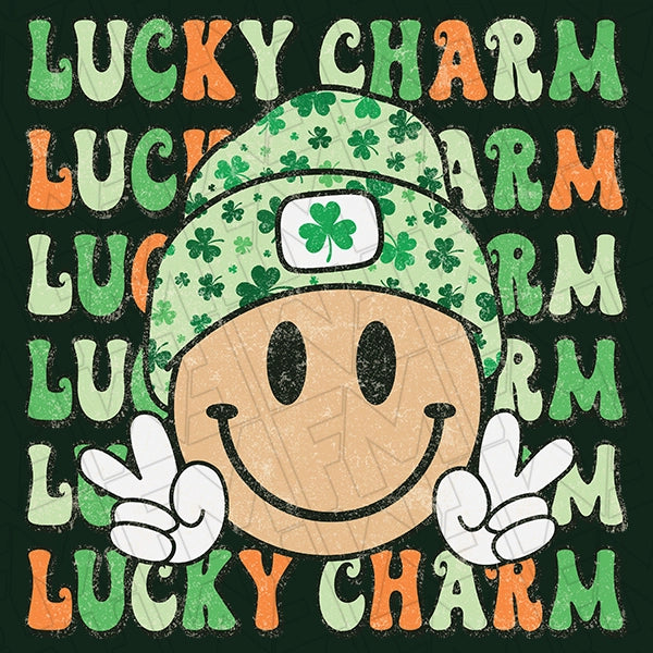 Lucky Charm Boho Hippie Smiley Face applied to a shirt