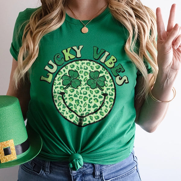 Lucky Vibes Green Leopard Smiley Face St Patricks Day DTF Transfer