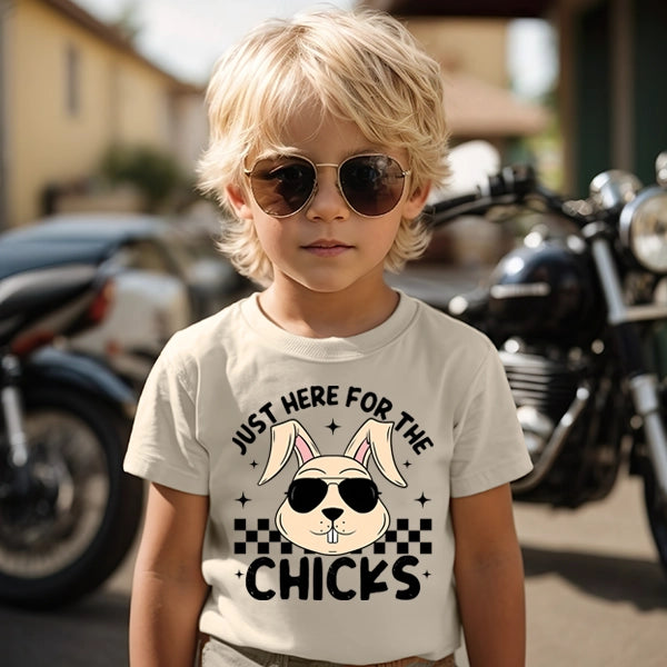 Just Here for the Chicks Checker Bunny Kids Easter applied to a shirt