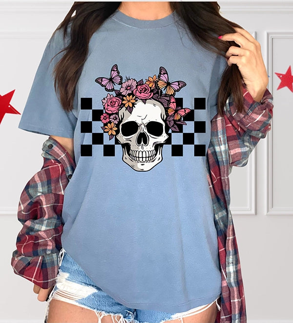 Checker Skull with Butterflies Halloween DTF Transfer