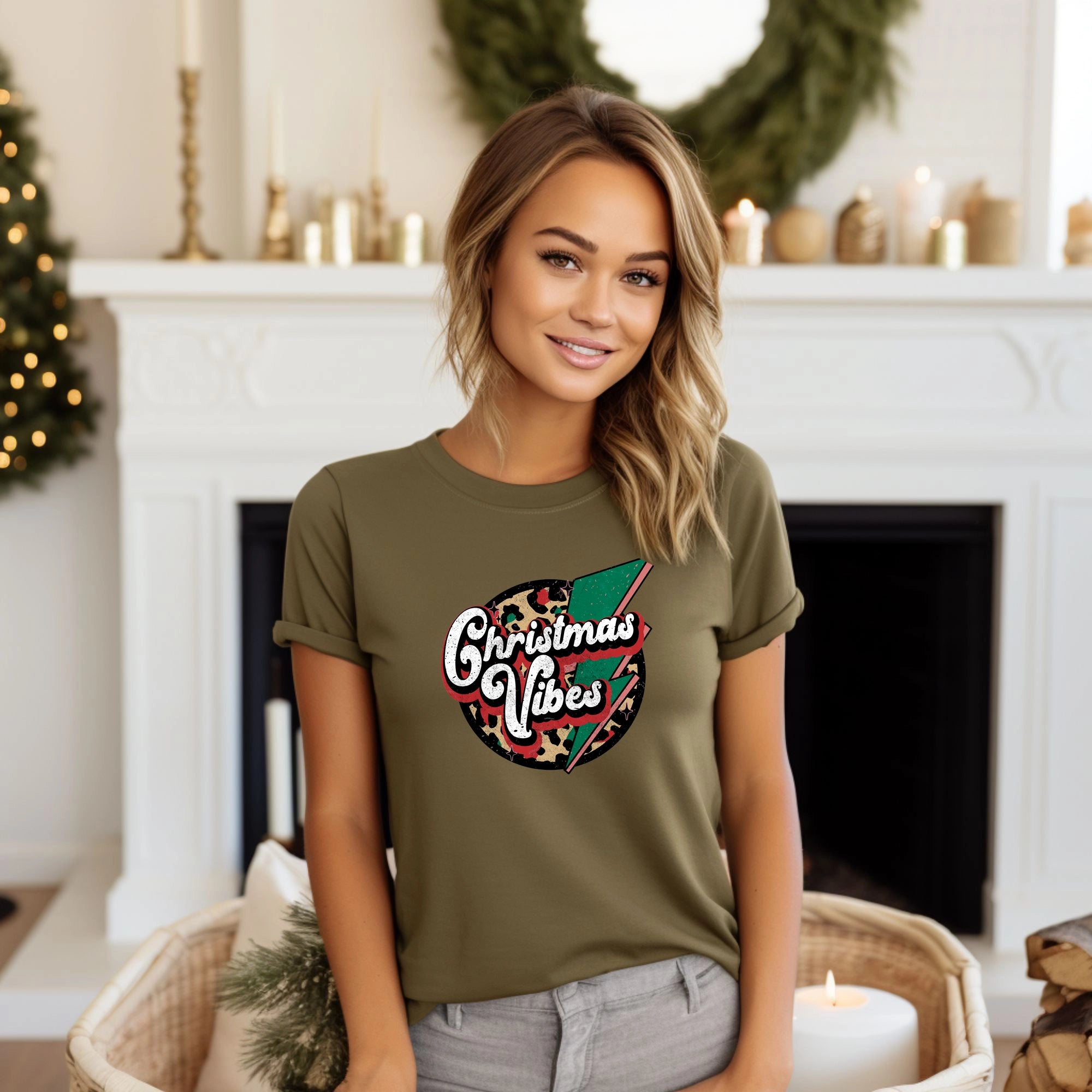 Christmas Vibes Leopard Circle Lightning Bolt Christmas DTF Transfer