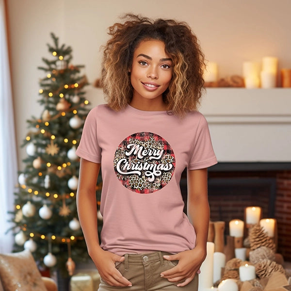 Merry Christmas Script Plaid Leopard Circle Christmas DTF Transfer