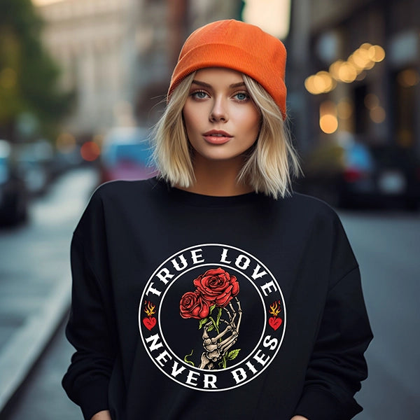 True Love Never Dies Skeleton Hand Holding a Rose Darks DTF Transfer