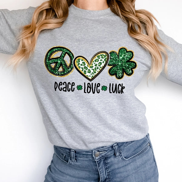 Peace Love Luck Simulated Glitter St Patricks Day DTF Transfer