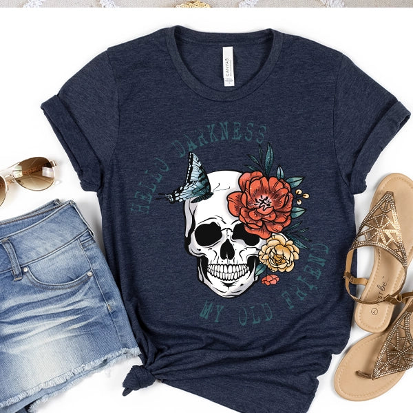 Hello Darkness My Old Friend Skull and Flowers DTF Transfer