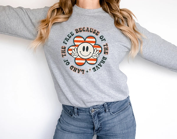 Land of the Free Because of the Brave Peace Flower Retro Patriotic DTF Transfer