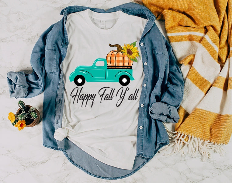 Happy Fall Y'all Vintage Blue Pickup Truck DTF Transfer