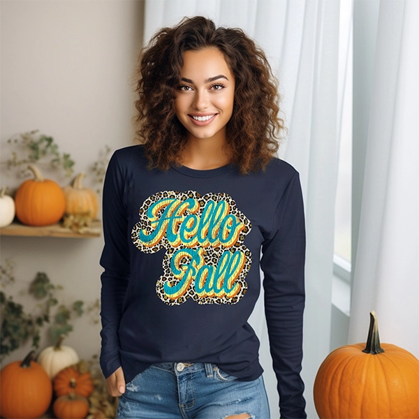 Hello Fall Blue Leopard Script DTF Transfer