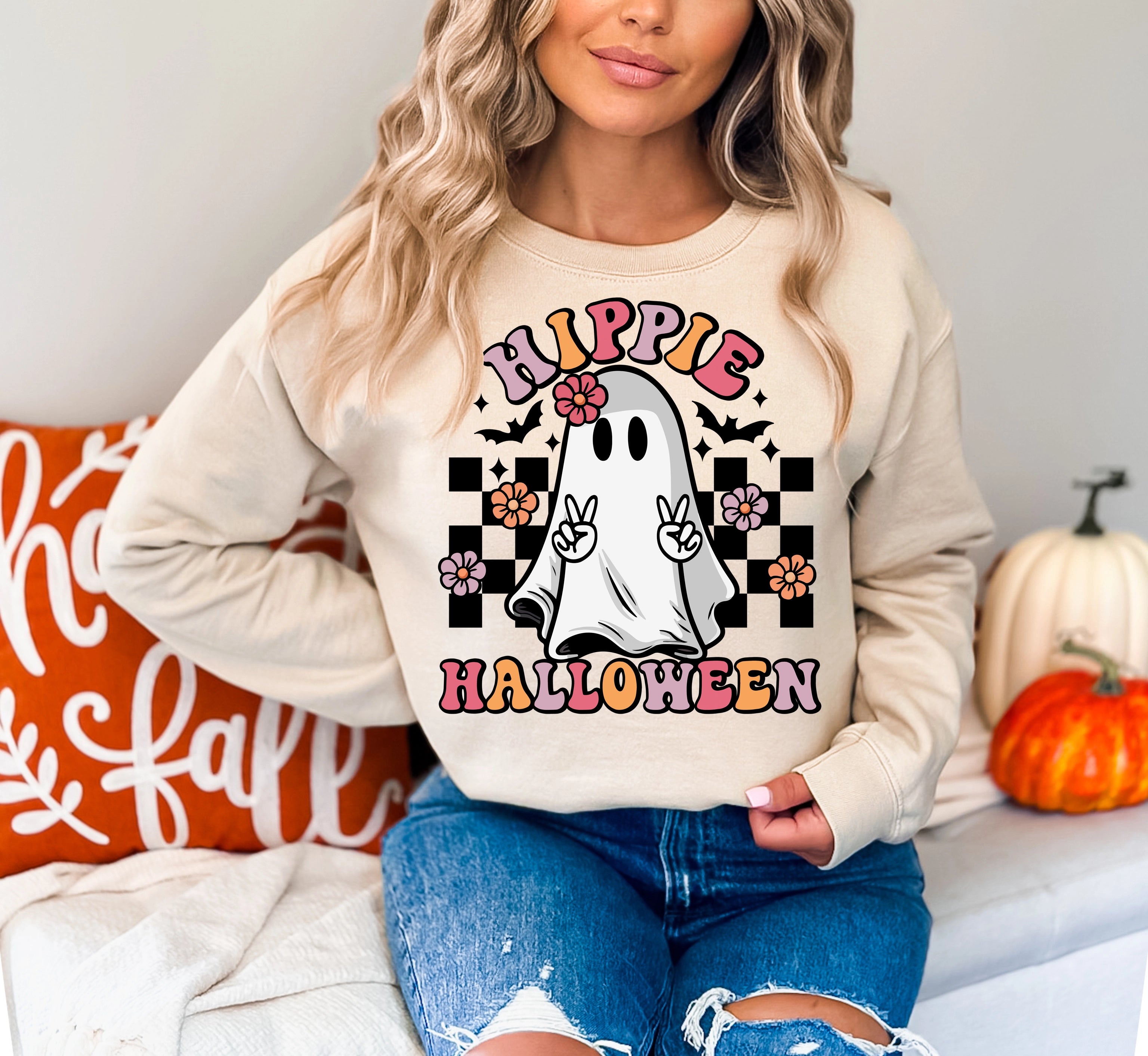 Hippie Halloween Checker Peace Ghost Halloween DTF Transfer