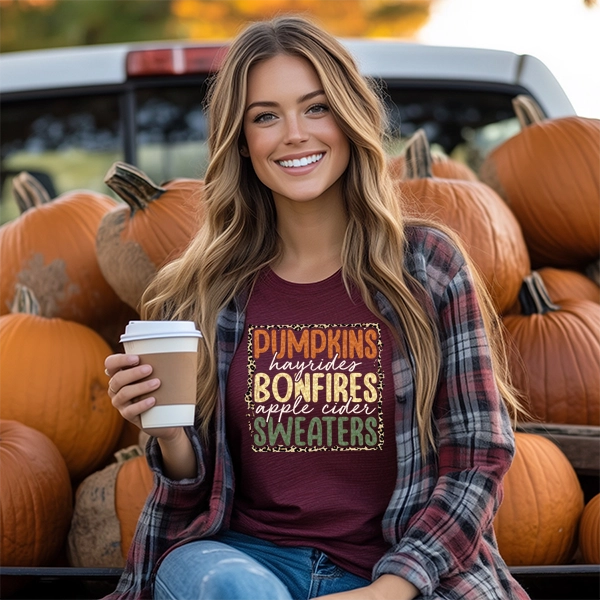 Pumpkins Hayrides Bonfires Apple Cider Sweaters Fall DTF Transfer