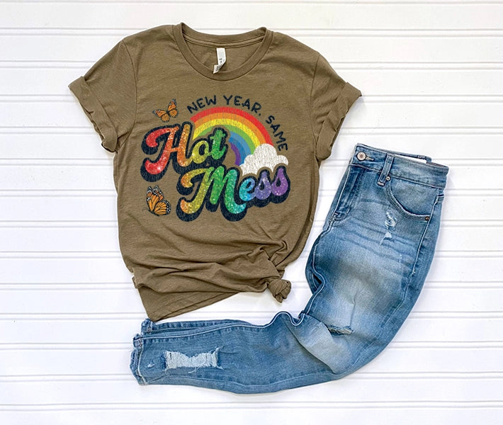 New Year Same Hot Mess Rainbow Butter flies New Year Faux Glitter DTF Transfer