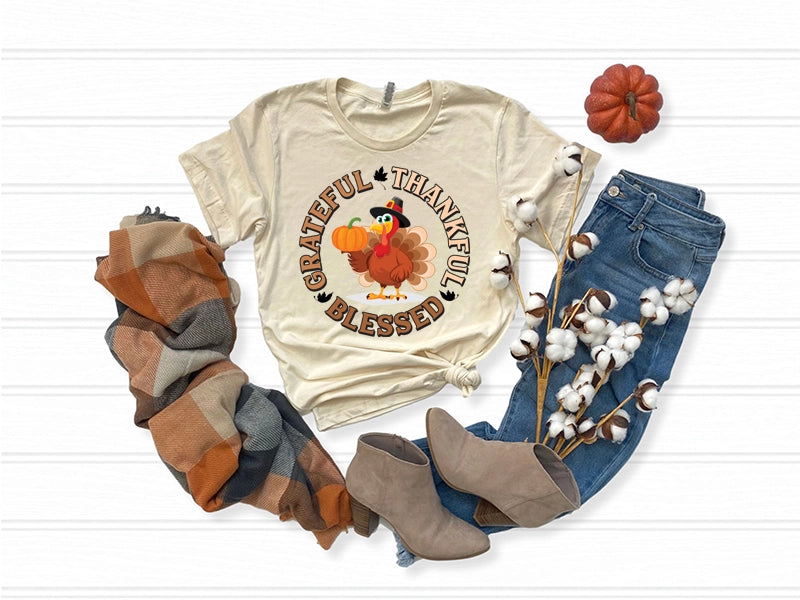 Grateful Thankful Blessed Turkey with pumpkin DTF Transfer