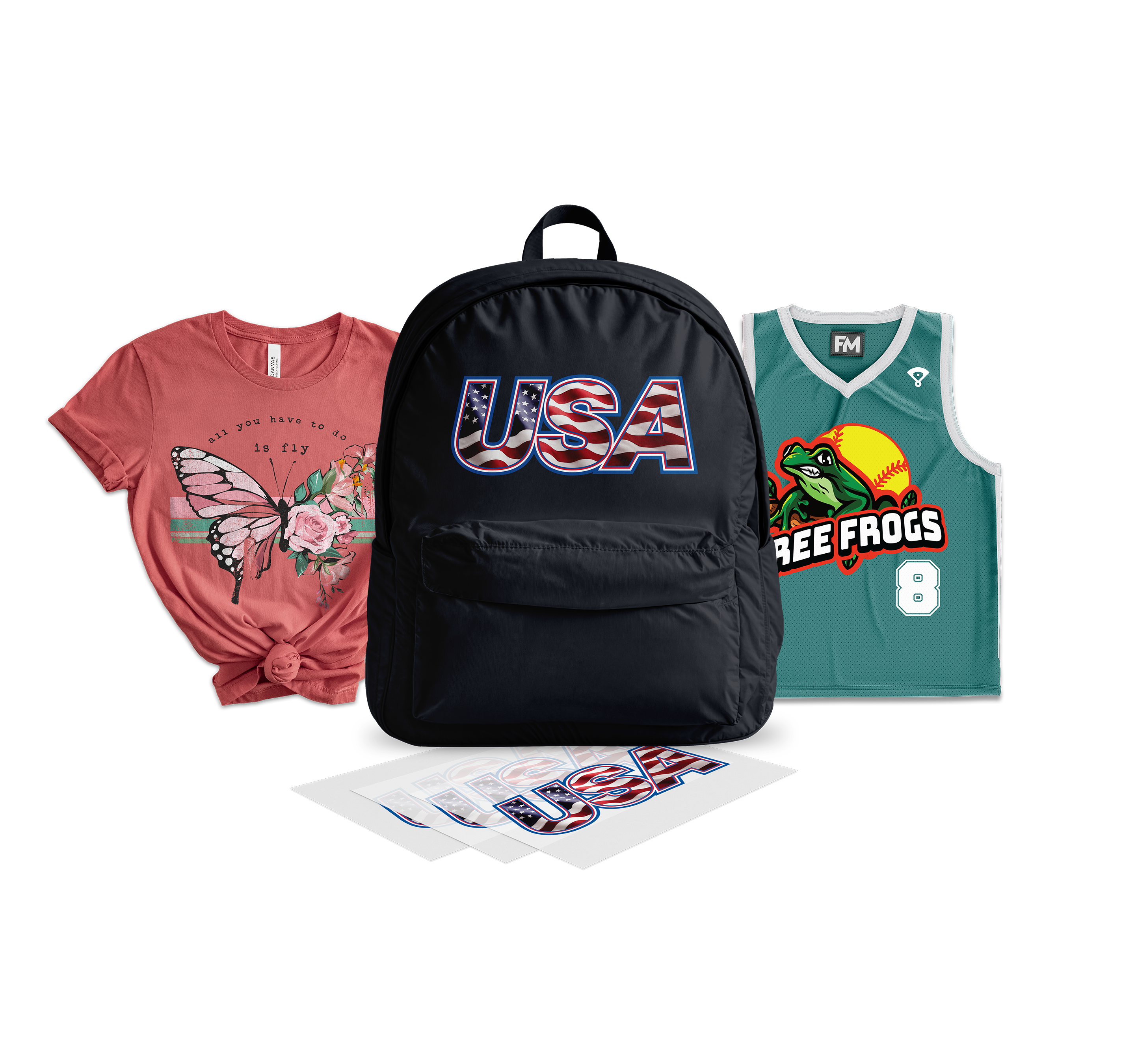 Pink t-shirt with DTF butterfly design, black backpack with 'USA' design, and green basketball jersey on a white background.
